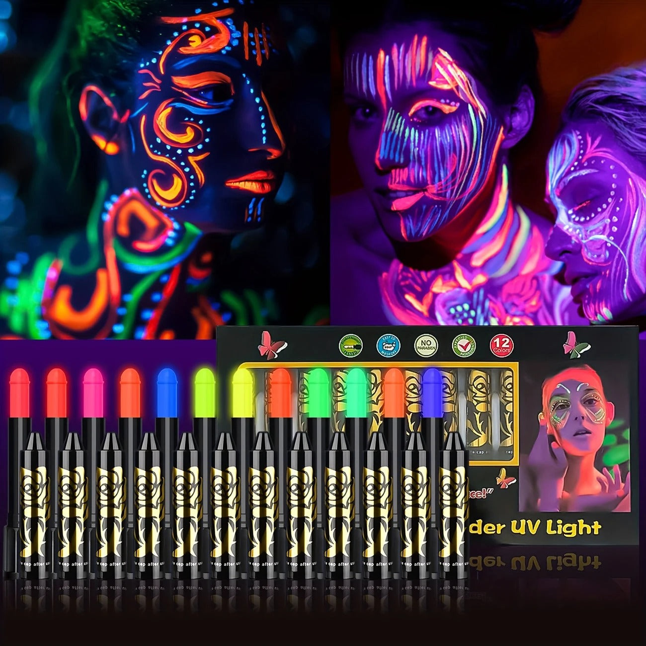 New 12pcs UV Neon Face Body Paint Kit