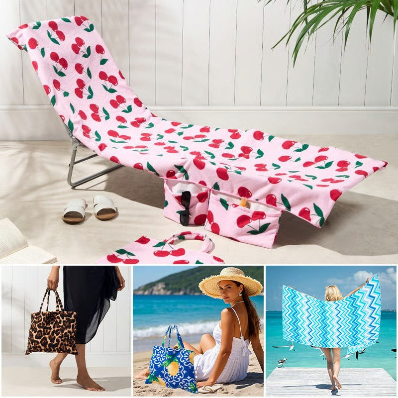 Sun Lounger Towel With Pockets Storage In A Bag
