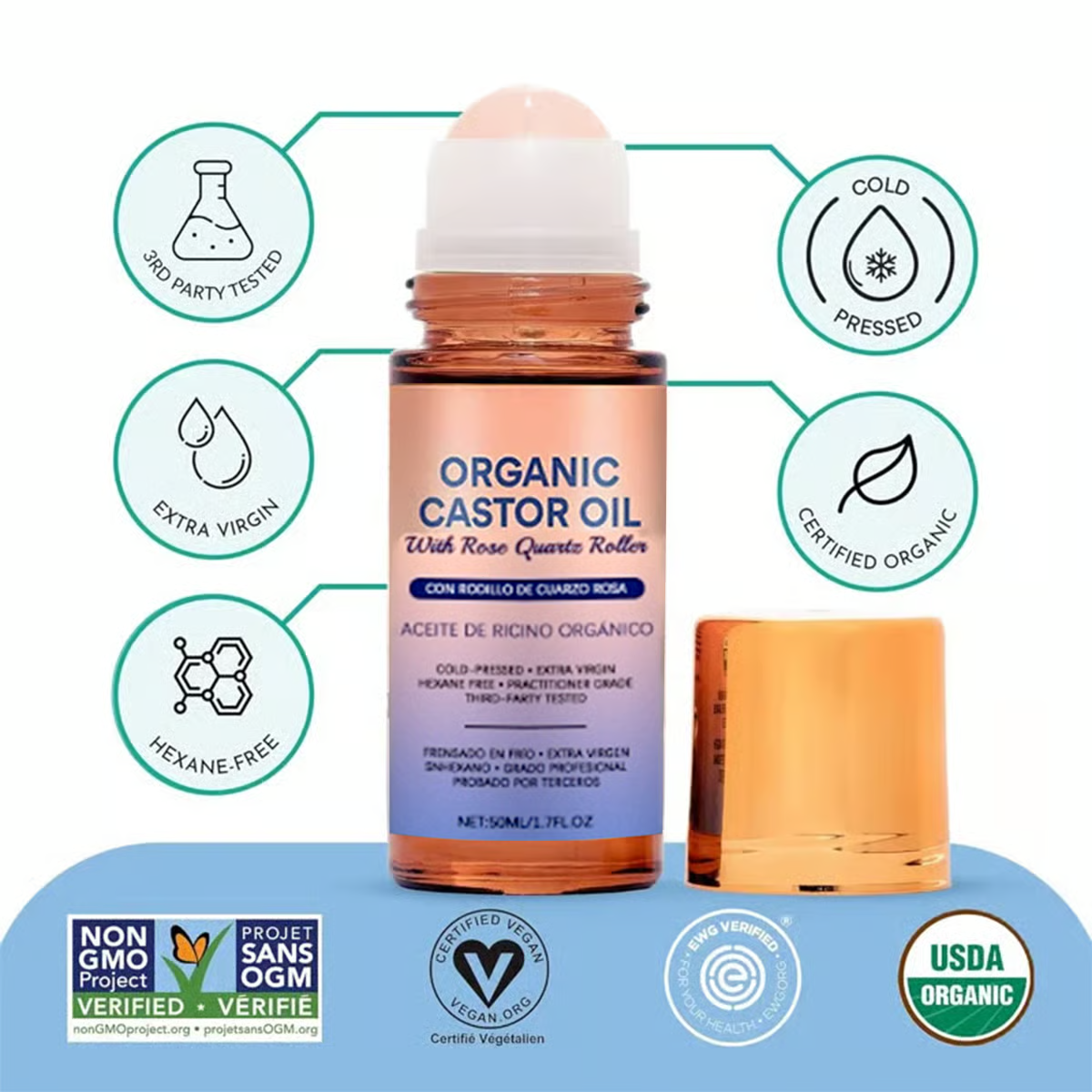 Organic Castor Oil Roll-On - For Radiant Skin, Lush Hair & Relaxation