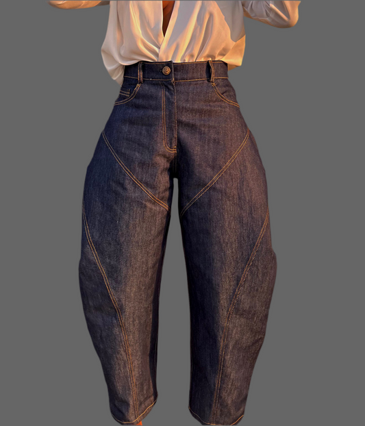 Denim Whipstitching Metallic Wide Leg Barrel Jeans