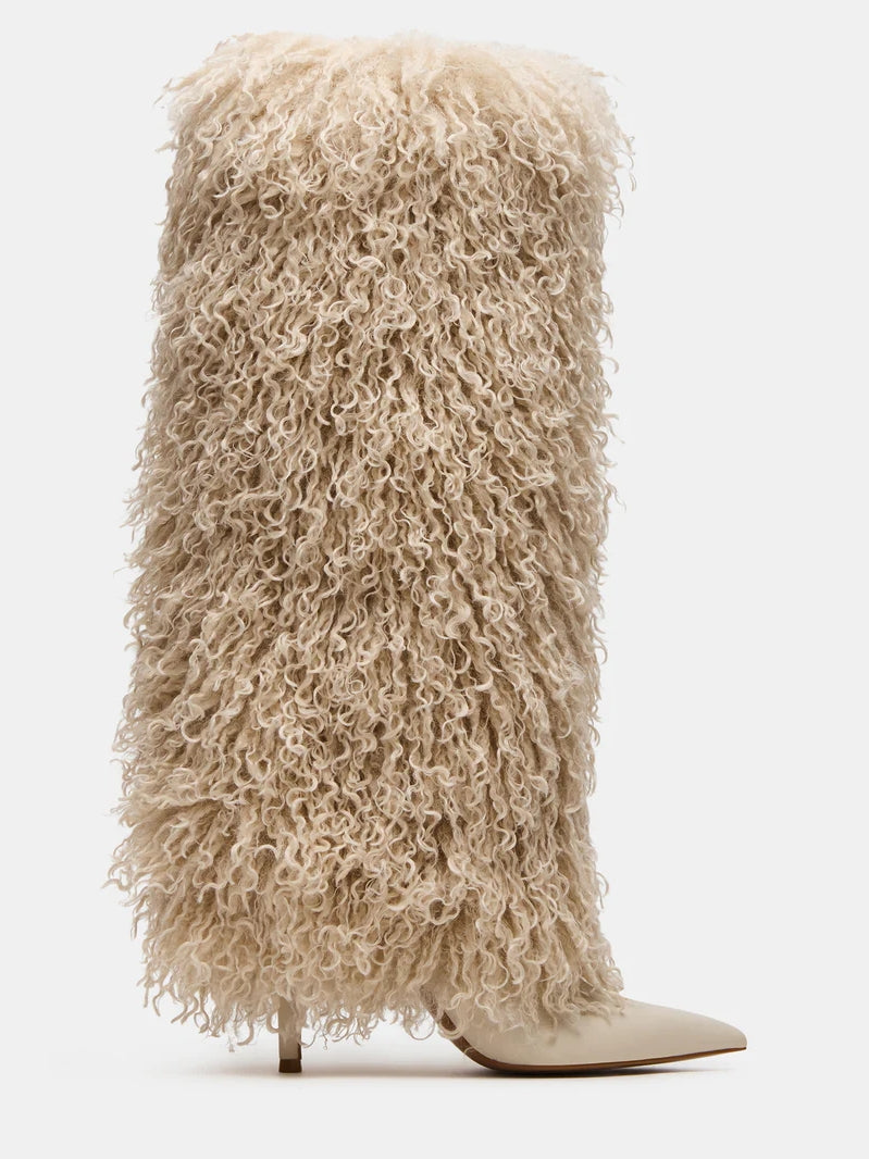 Natural Faux-Fur Stiletto Knee High Boot
