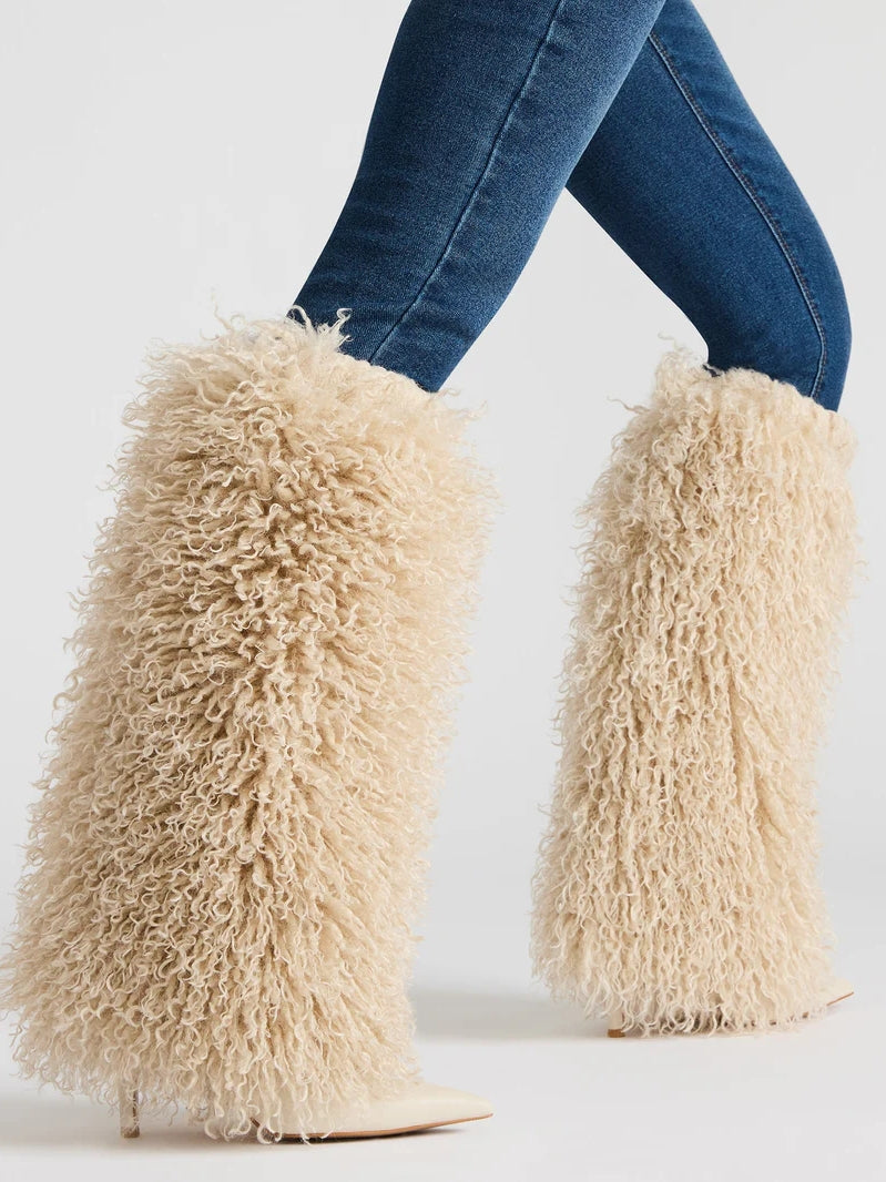 Natural Faux-Fur Stiletto Knee High Boot