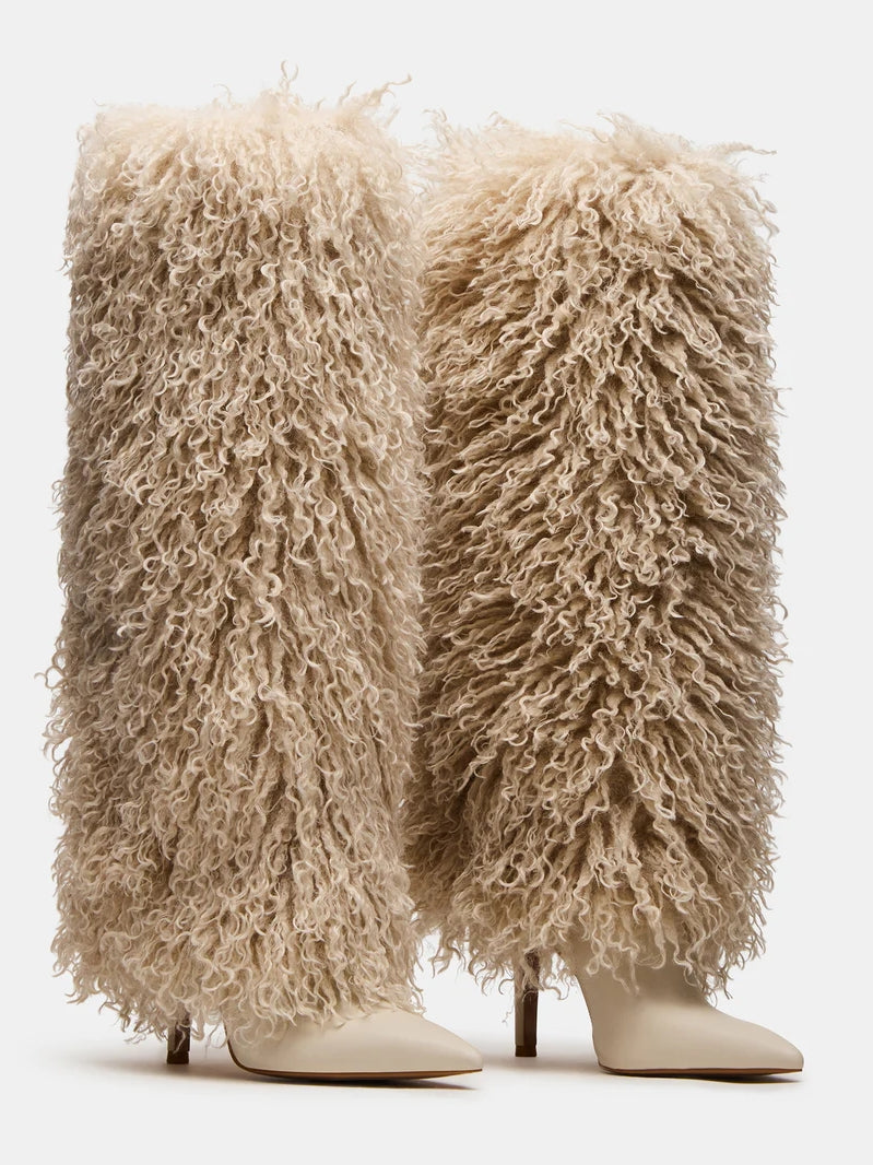 Natural Faux-Fur Stiletto Knee High Boot