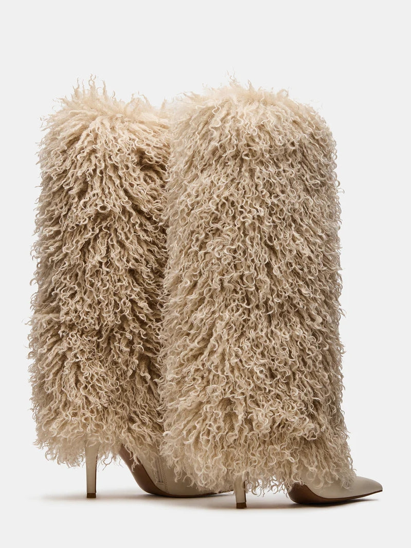 Natural Faux-Fur Stiletto Knee High Boot
