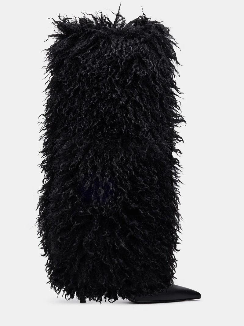 Natural Faux-Fur Stiletto Knee High Boot