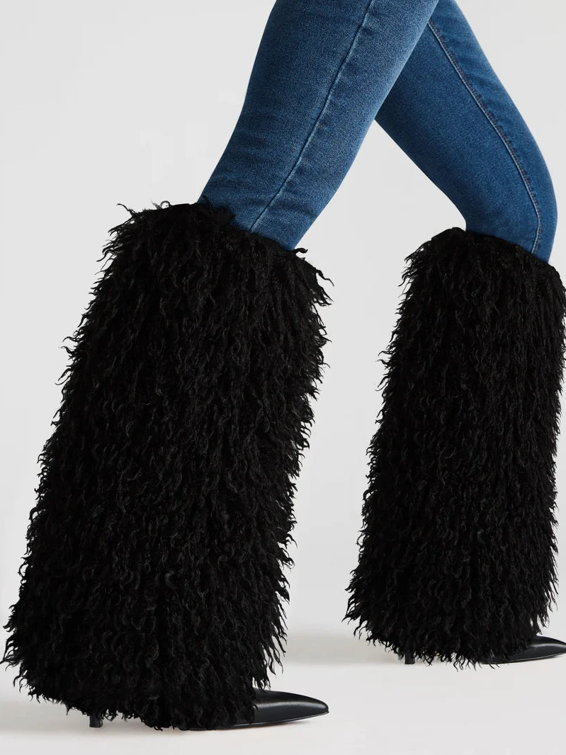 Natural Faux-Fur Stiletto Knee High Boot