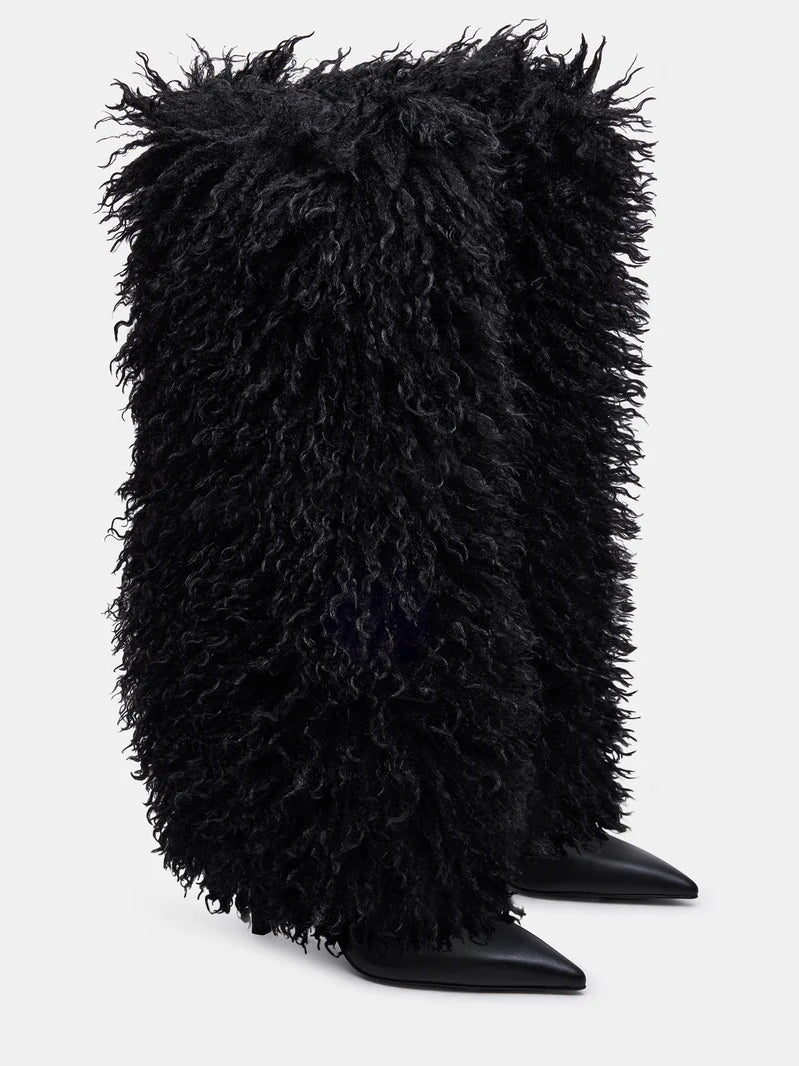 Natural Faux-Fur Stiletto Knee High Boot