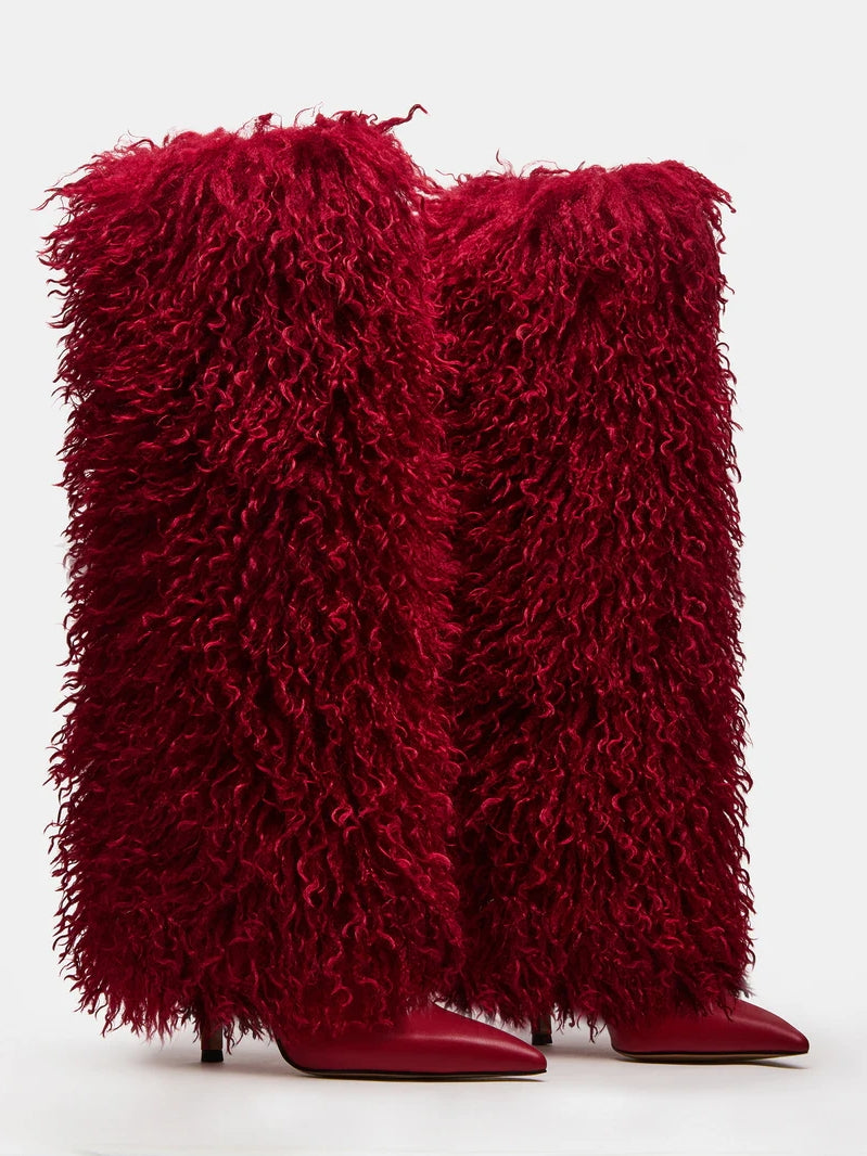 Natural Faux-Fur Stiletto Knee High Boot
