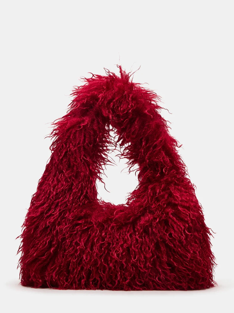Red Faux Fur Slouchy Shoulder Strap Handbag