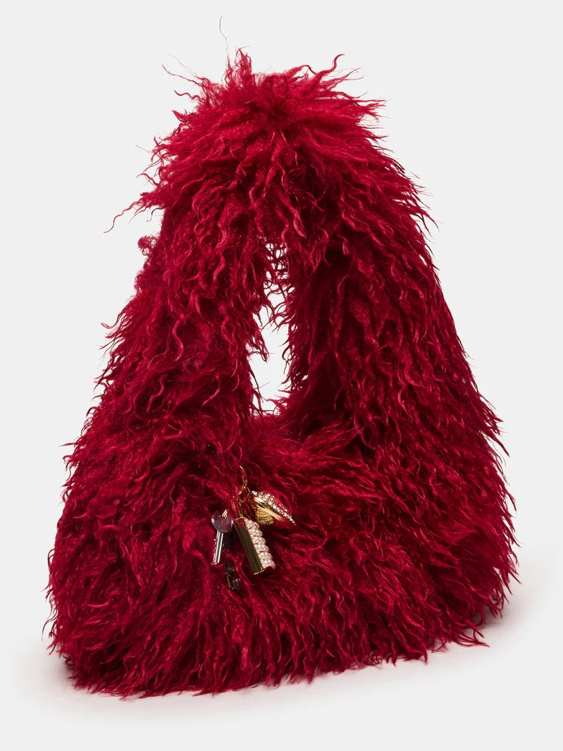 Red Faux Fur Slouchy Shoulder Strap Handbag