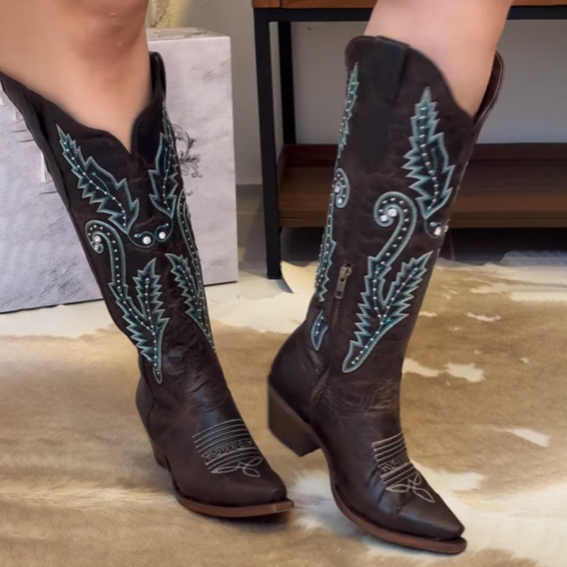 Embroidered Point-Toe Tall Knights Boots