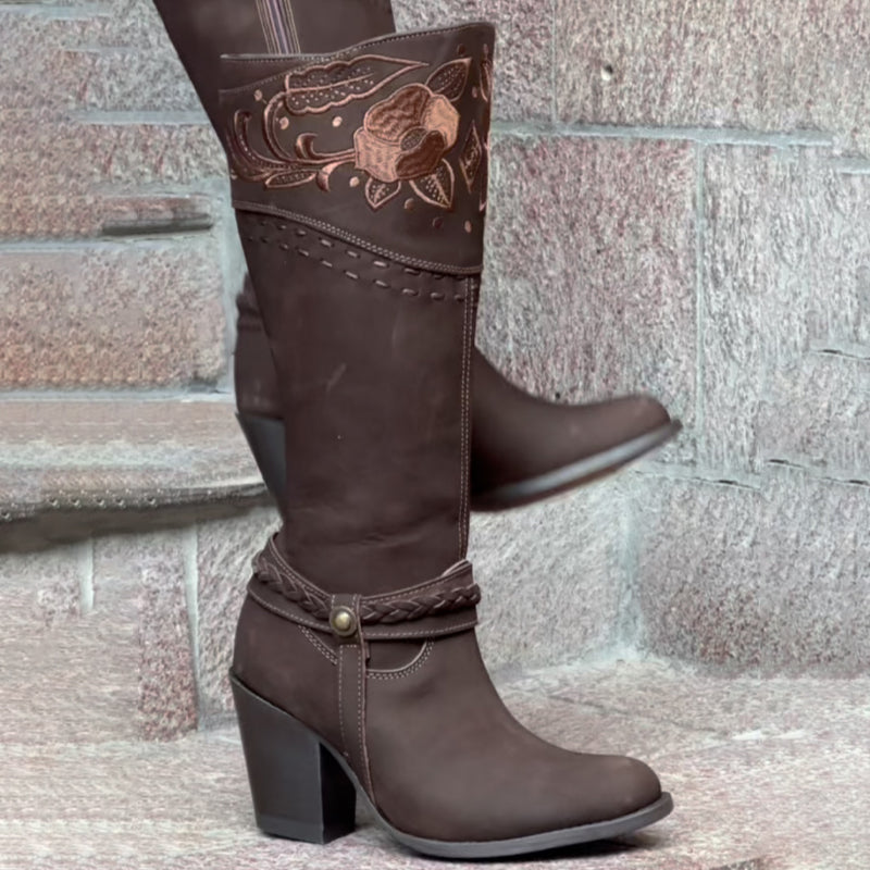 Vintage Embroidered Point-Toe Tall Boots