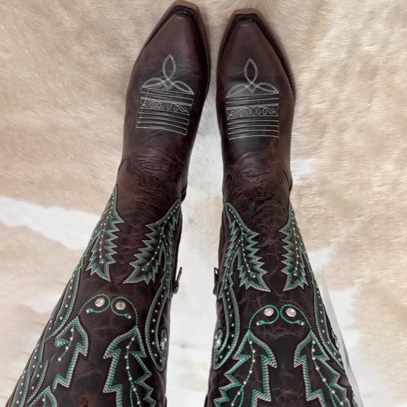 Embroidered Point-Toe Tall Knights Boots