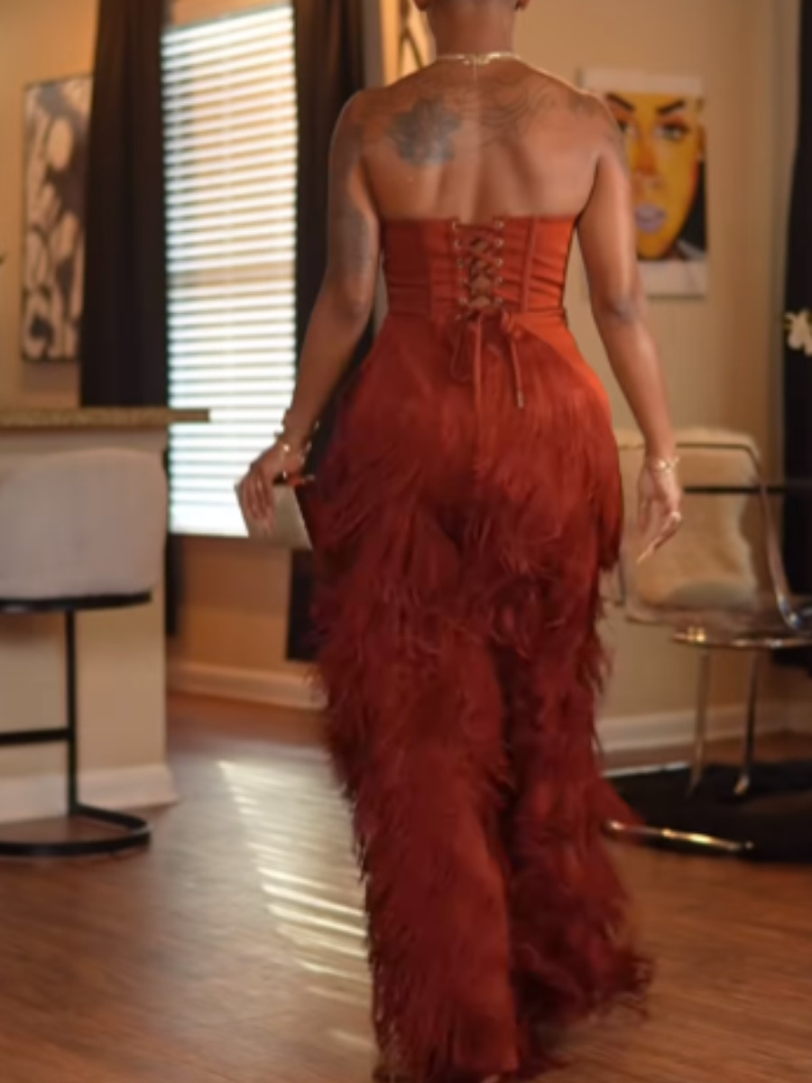 Strapless Top Fringed Trousers Suit