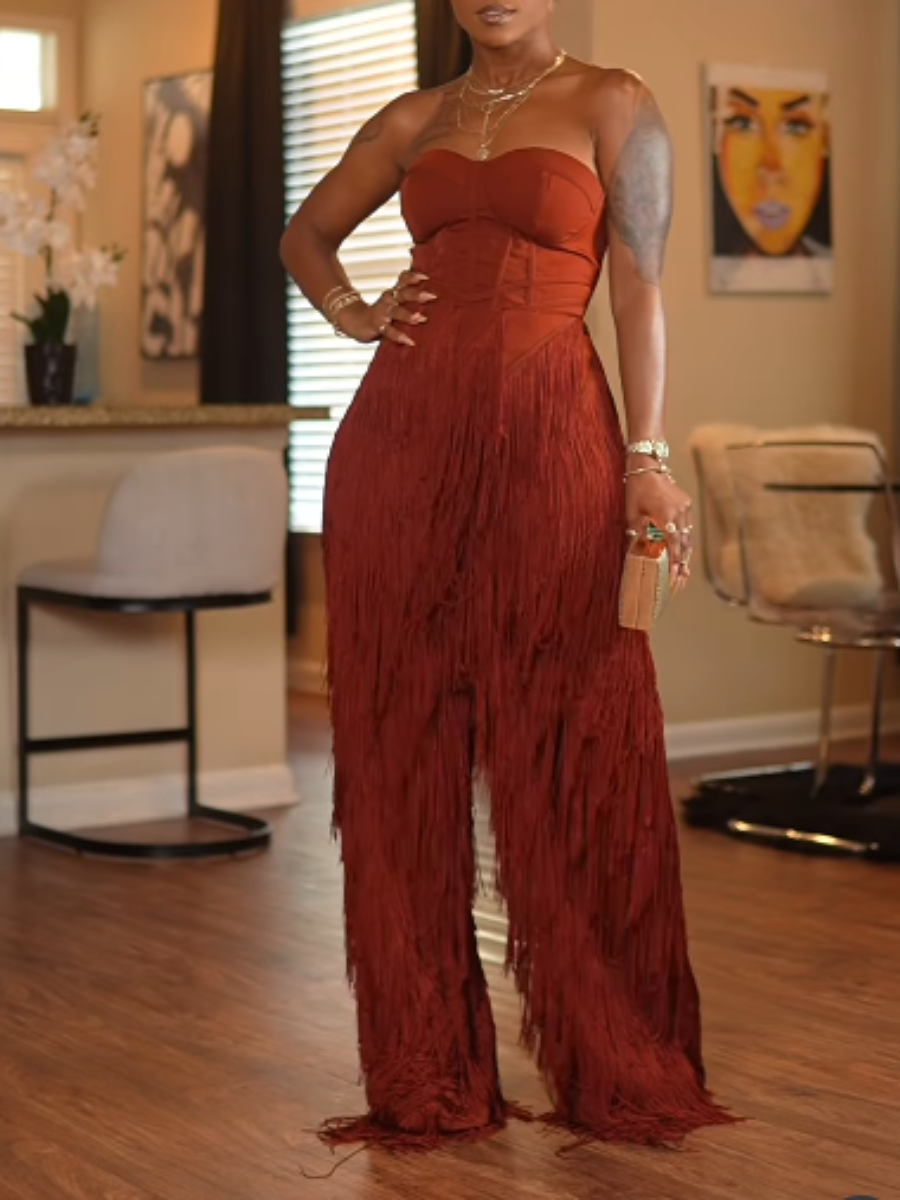 Strapless Top Fringed Trousers Suit
