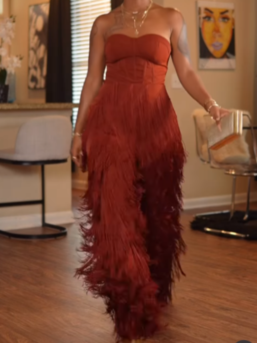 Strapless Top Fringed Trousers Suit