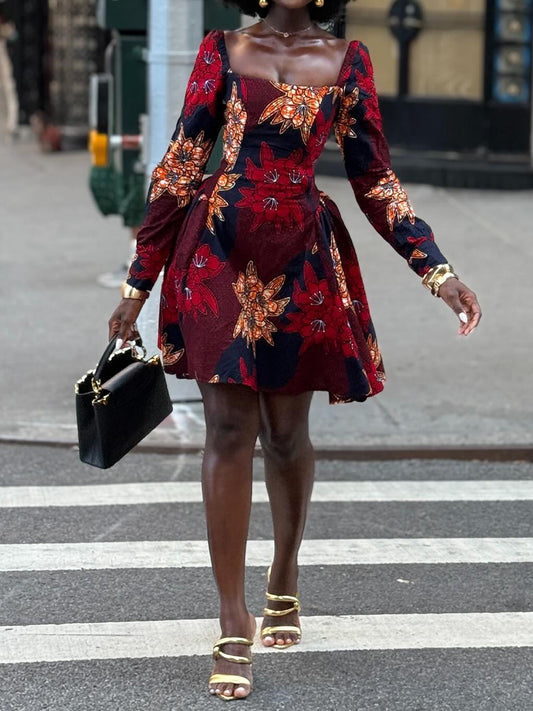 Square Collar Printed Mini Dress