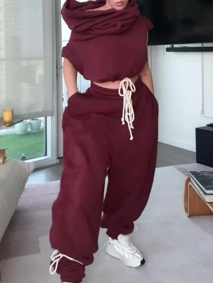 Cropped Hoodie Vest And Oversized Sweatpants