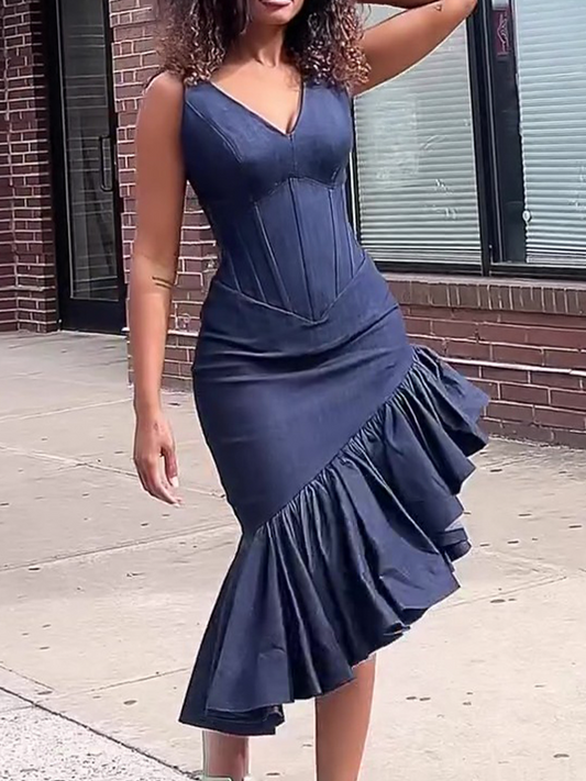 V-Neck Tight Waist Ruffle Irregular Dress