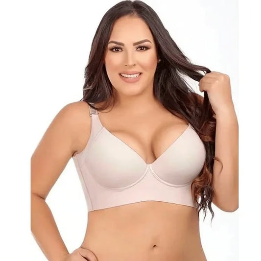 Modischer BH mit eingearbeiteter Shapewear, geraffte Brüste, tiefer V-BH 