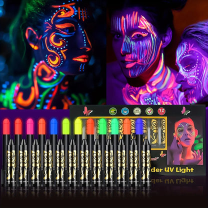 New 12pcs UV Neon Face Body Paint Kit