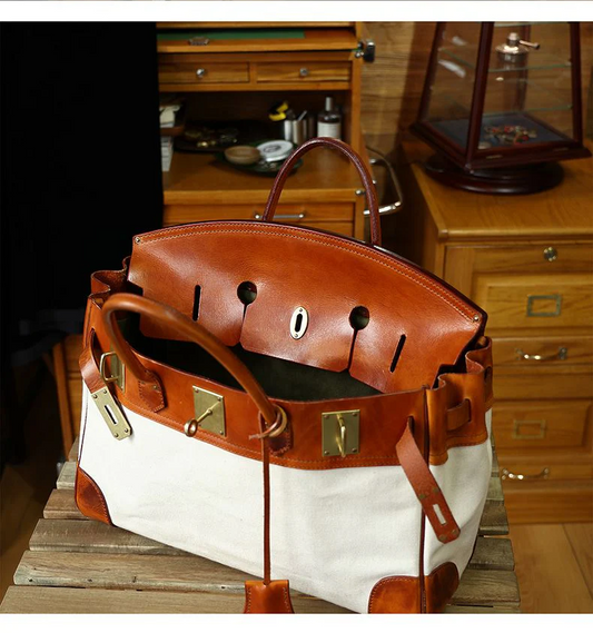 Two-Tone Canvas And Leather Handbag