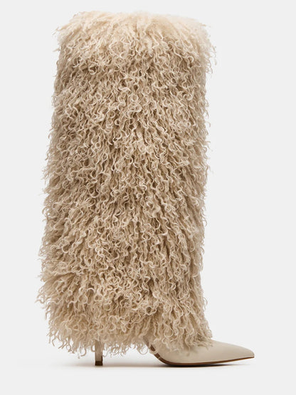 Natural Faux-Fur Stiletto Knee High Boot