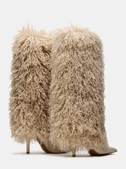Natural Faux-Fur Stiletto Knee High Boot