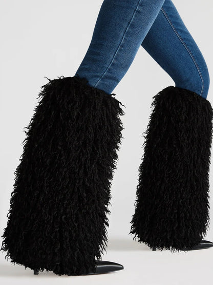 Natural Faux-Fur Stiletto Knee High Boot
