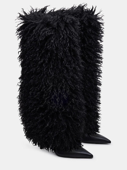 Natural Faux-Fur Stiletto Knee High Boot