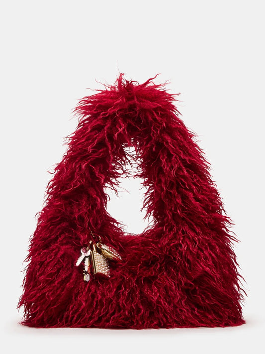 Red Faux Fur Slouchy Shoulder Strap Handbag