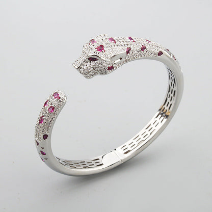 White Gold Plated Crystals Black Enamel Leopard Bracelet