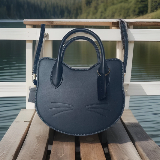 Halloween Cat Head Crossbody Bag Purse Black Leather Handbag