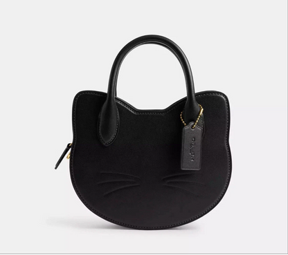 Halloween Cat Head Crossbody Bag Purse Black Leather Handbag