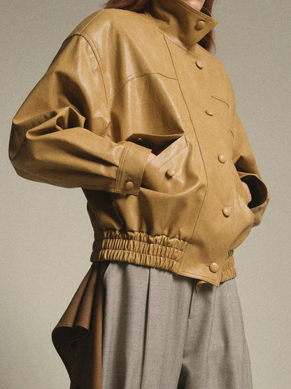 PU Dropped Shoulders Stand Collar Jacket