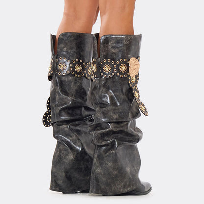 Faux Leather Belt Pointed Toe Boots