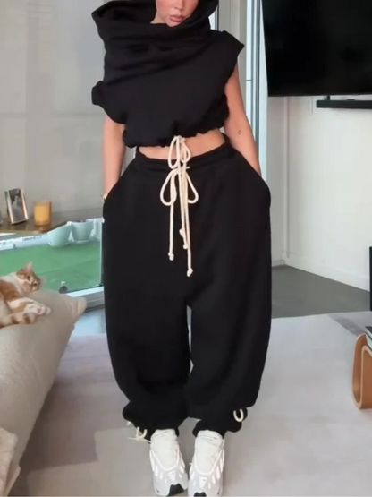 Cropped Hoodie Vest And Oversized Sweatpants