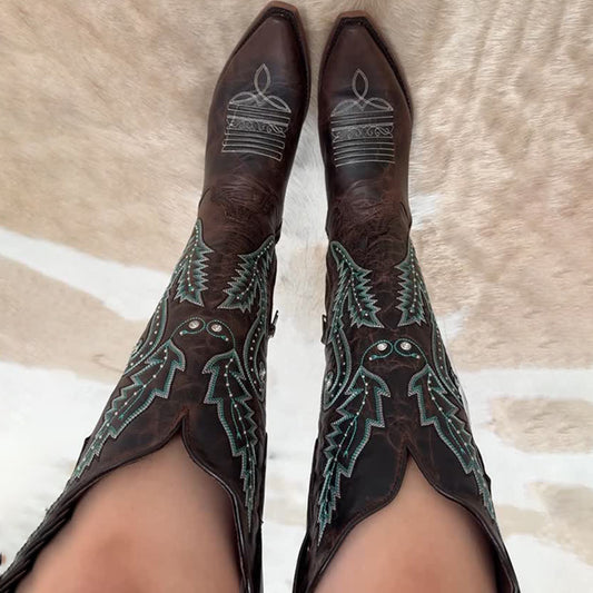 Embroidered Point-Toe Tall Knights Boots