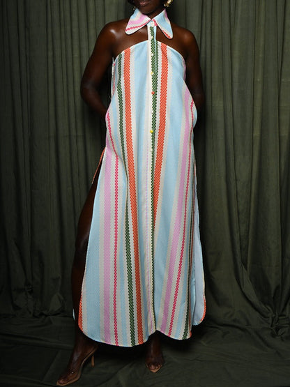 Striped Print Cold Shoulder Dress