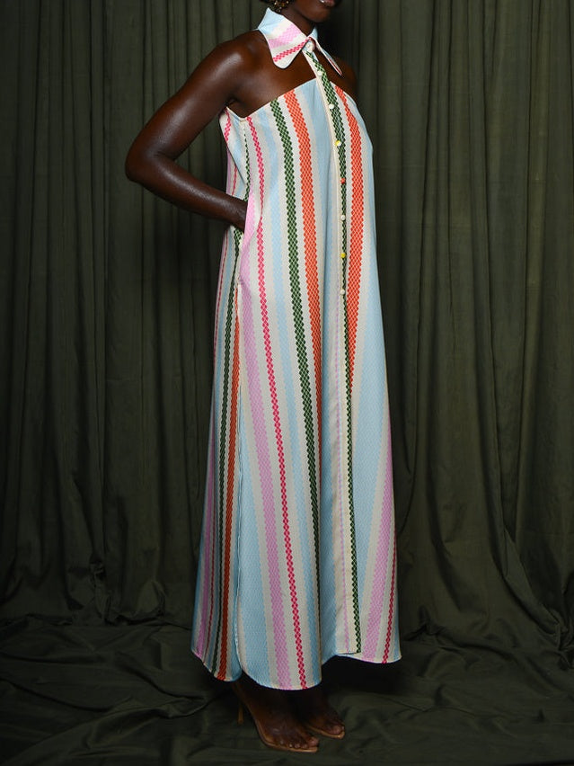 Striped Print Cold Shoulder Dress